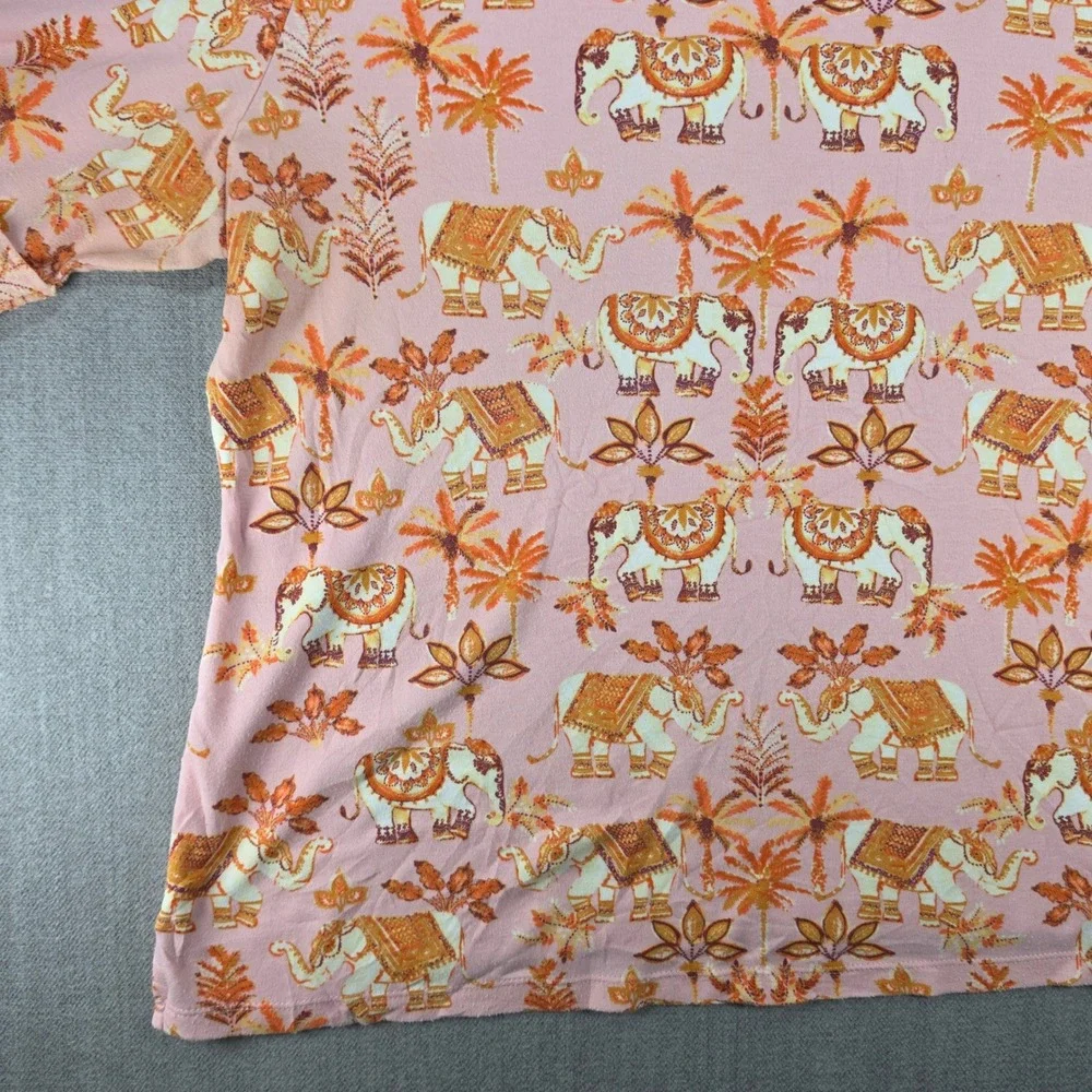 Karen Scott T-Shirt Women 2X Pink Elephant Palm Tree Print Cuffed Short Sleeve